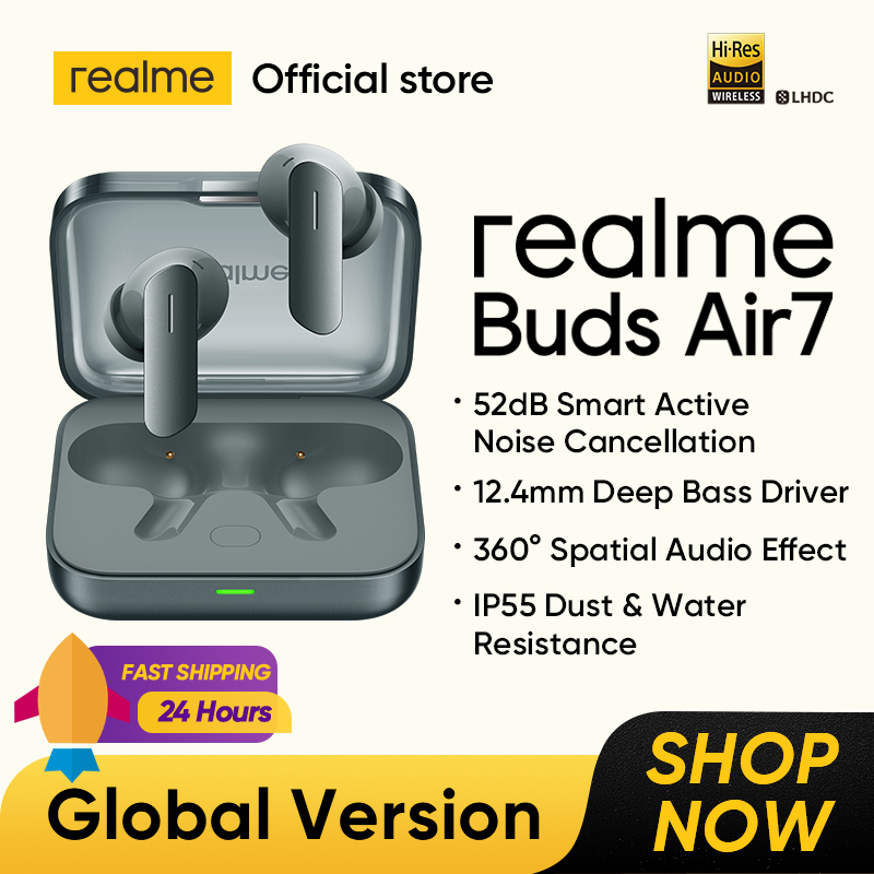  Global Version realme Buds Air 7 TWS Earphone 52dB Noise Cancellation 52 Hours Battery Life 12.4mm Bass Driver LHDC 5.0 IP55 