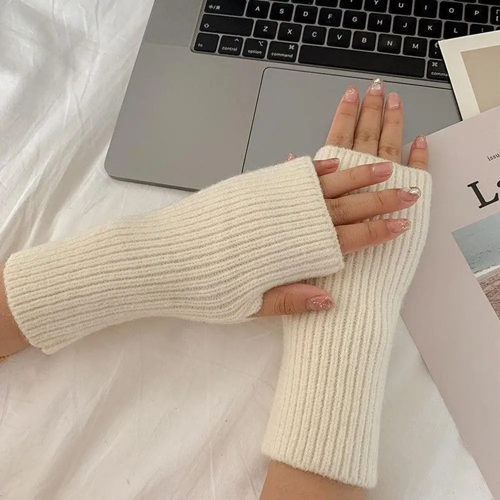 Solide Halbfinger-Handschuhe für Damen, Winter, weich, warm, Wolle, Stricken, Arm-Handschuhe, Schreiben, warme Fäustlinge, Halbfinger-Handschuhe