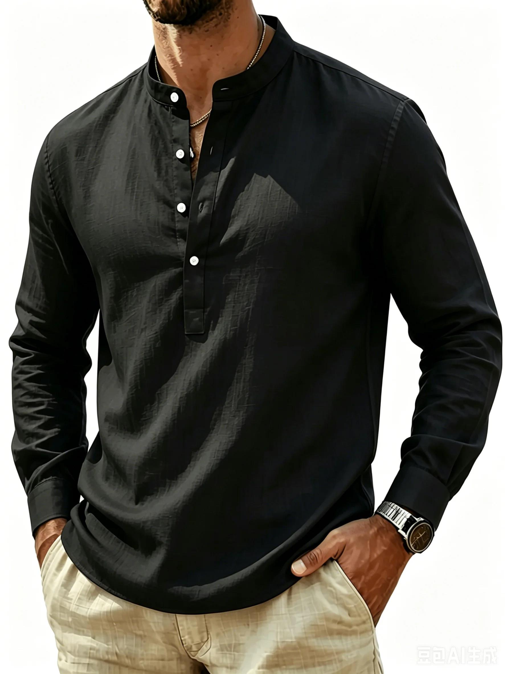 Herren Henley-Kragen Langarmhemd Leichtes Atmungsaktives Lässiges Leinen-Stil Henley-Hemd für Männer Tägliche Strandkleidung