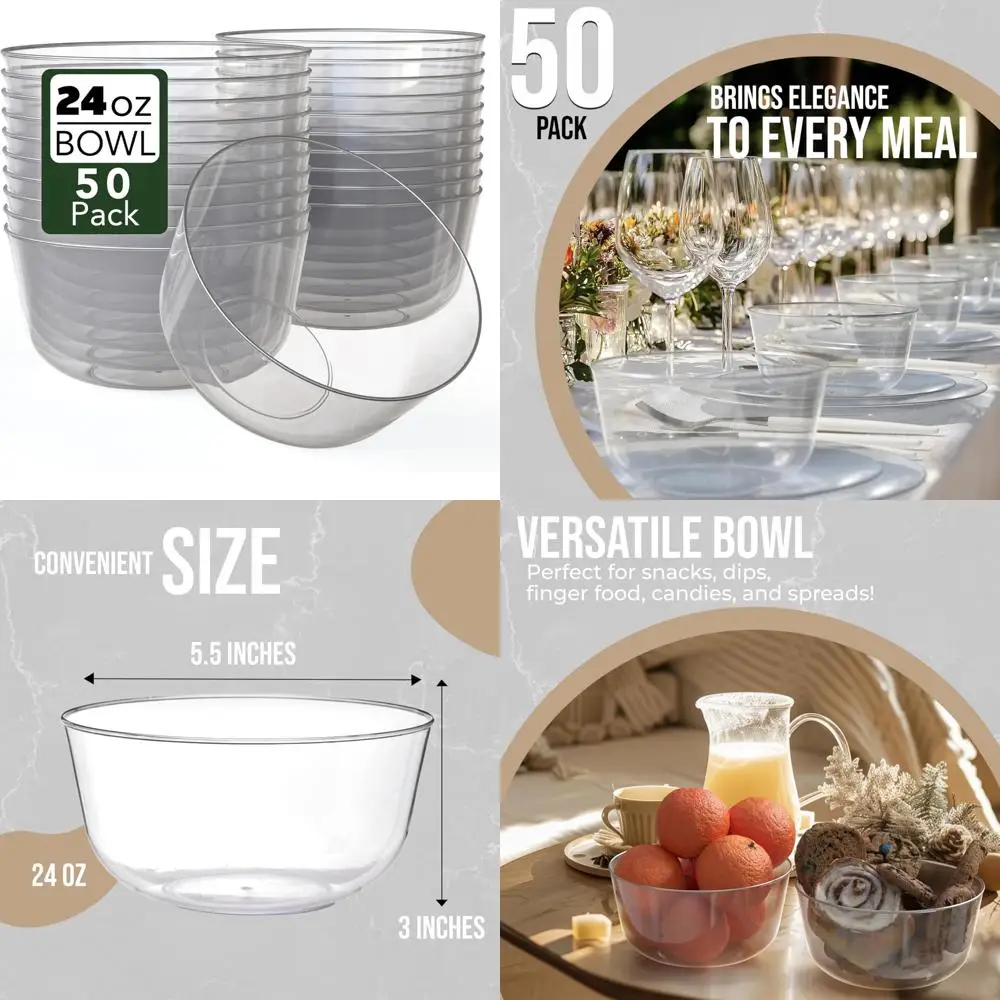 

Disposable Plastic Serving Bowls 24 Oz, Set of 50, Clear Modern Design, Ideal for Parties and Events
