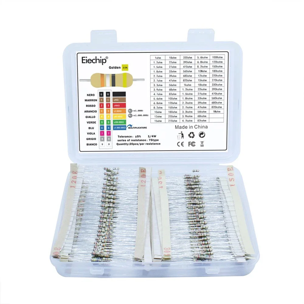 Carbon Film Resistor Variedade Kit, 1/4 de Potência, 1 Ohm-10M Ohm, Resistência 5%, Resistor eletrônico Set Pack, 75 Valores, 1500Pcs por lote