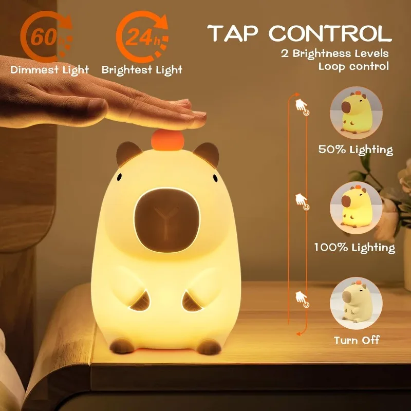 モダンな動物モチーフのカピバラナイトライトランプ、タッチコントロールタイマー機能付き、USB充電式、様々な部屋に最適、ギフトに最適