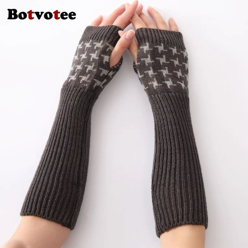 Botvotee الأكمام للنساء Y2k اكسسوارات أصابع قفازات مدفئات للذراع متماسكة شتاء دافئ houndstooth طويل الأيدي الحرة قفازات