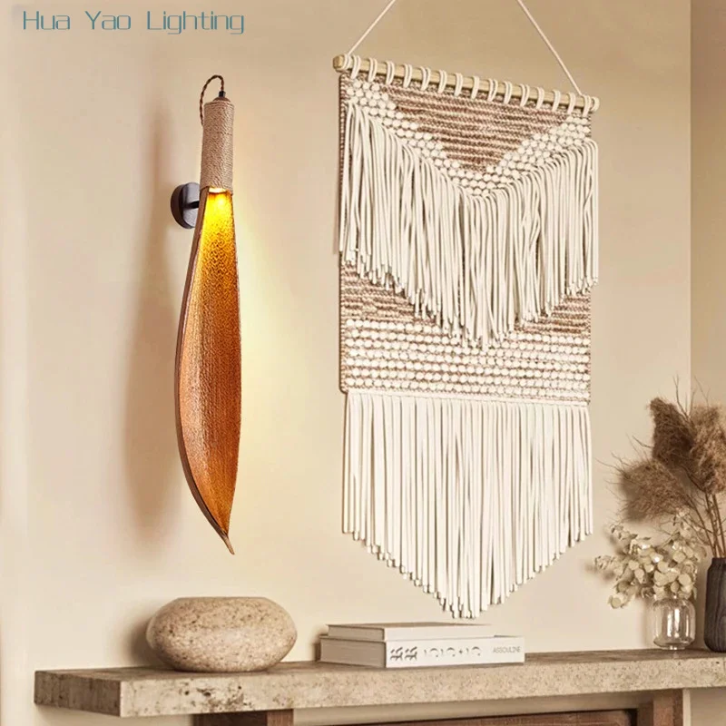 Natural Cocoa Leaf Pastoral Style Wall Lamp Modern Minimalist Vintage Homestay Restaurant Wall Lamp LED Light Source Atmosphere