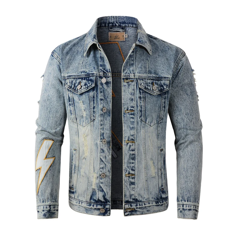 Streetwear Fashion Men Jacket Flash Patched Retro Blue Hole Ripped Denim Jacket Men Embroidery Designer Hip Hop Chaquetas Hombre