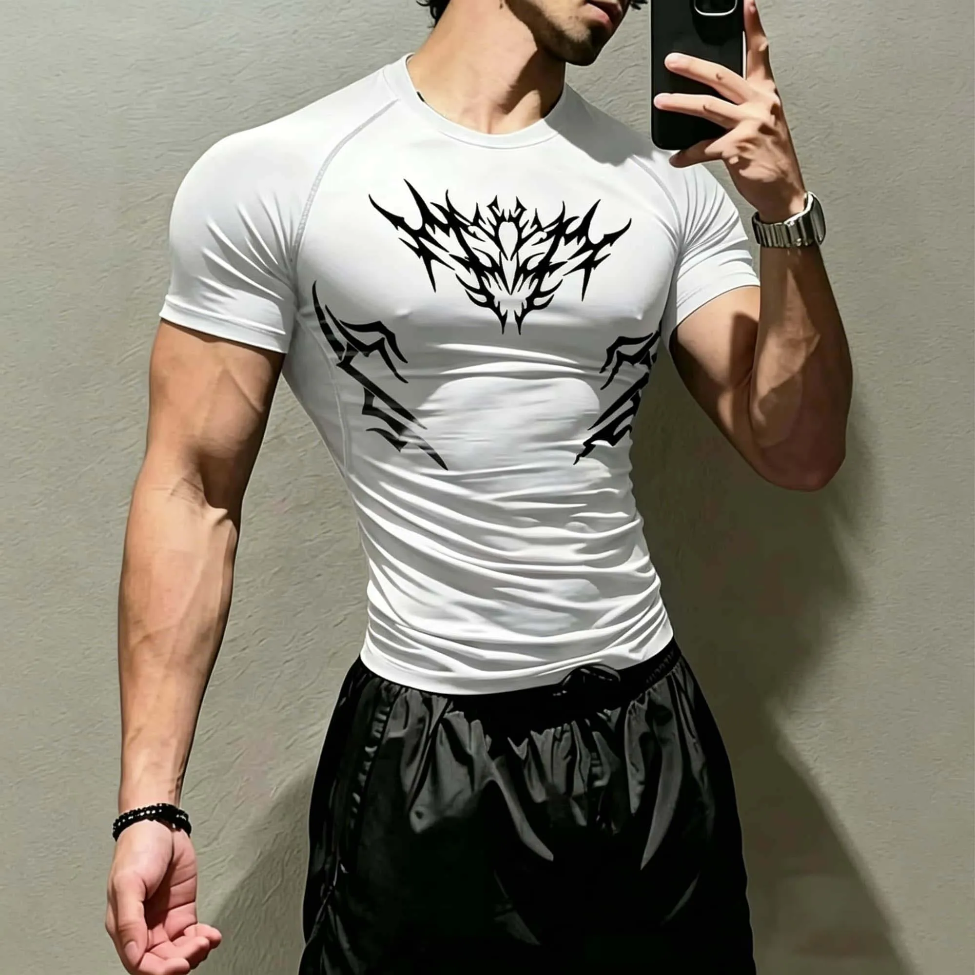 Neu eingetroffen: Tribal Sharp Thorn Totem Kompressions-Tops für Herren – Atmungsaktives, elastisches Kurzarm-Shirt für Outdoor, Radfahren, Jogging und Fitness – Detail 5