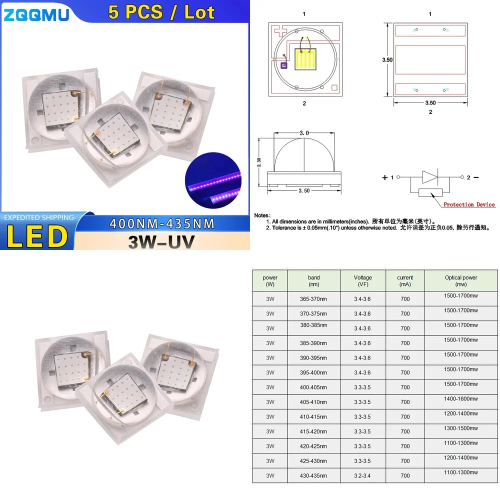 3W High Power SMD 3535 UV LED Chip 400nm 405nm 410nm Purple Light Ceramic Lamp for Nail Dryer Mosquito Killer Curing Banknote