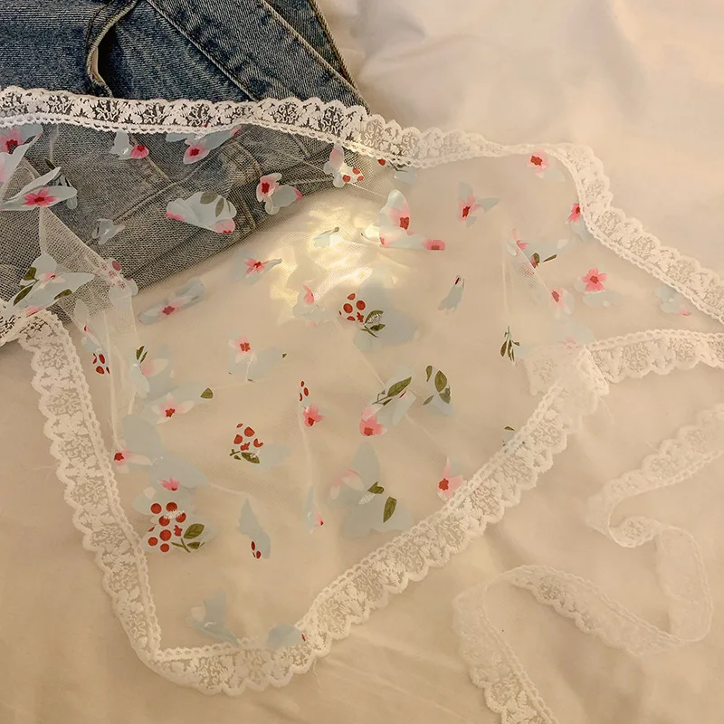 Lace Flower Elegant Temperament Female Butterfly White Sweet Triangle Scarf Thin Breathable Ribbon Artistic Style Travel Photo