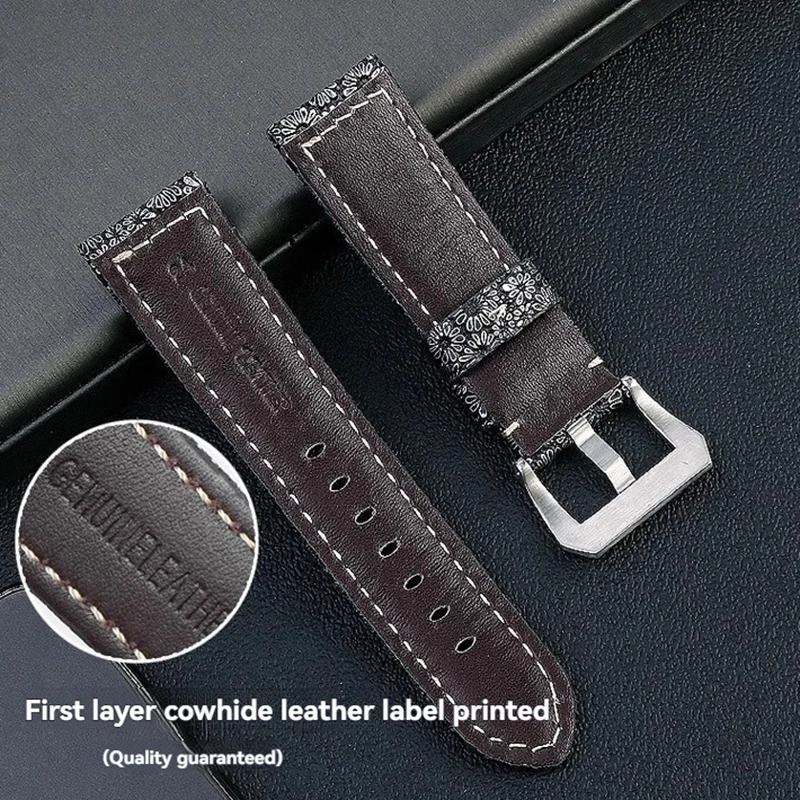 ل بانيراي PAM111 441 1312 حزام من الجلد الطبيعي لومينور ريترو جلد البقر الرجال 22 مللي متر 24 مللي متر 26 مللي متر منحوتة مشبك الرجعية زهرة حزام الساعات