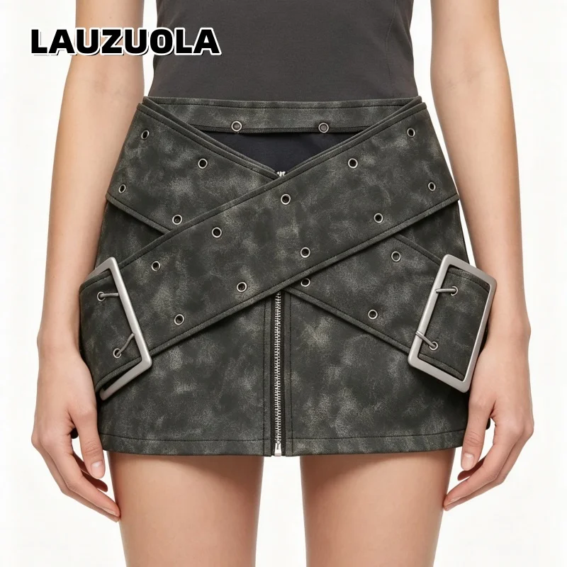 Women's 90s Streetwear Distressed Faux PU Leather Mini Skirt Punk Criss Cross Waist Belt Low Rise Zipper Gothic Short Skirts