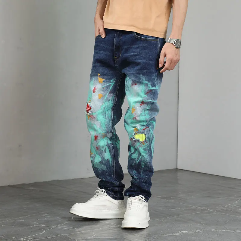 Fashionable hand-painted graffiti printed jeans for men, straight leg high street fashion brand, cool and personalized pants