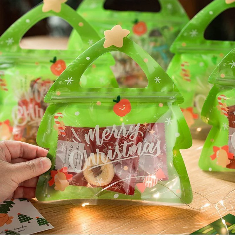 5Pcs Christmas Tree Handle Gift Bag For Candy Chocolate Cookie Nougat Biscuit Packing Gift Zipper Packaging Bags