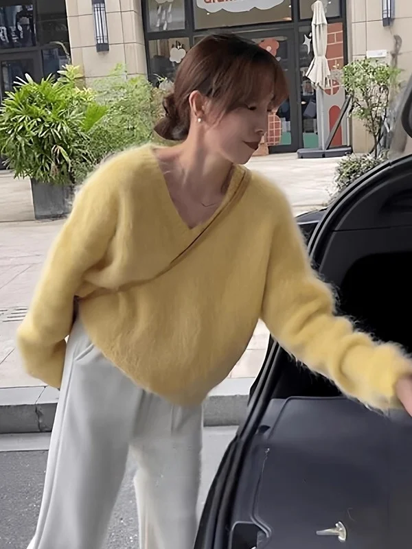 

Sli Yellow V-Ne Knitwear Loose Fit Women's Autumn Winter New Sle Faionable Loose Long Sve Top for Ladies