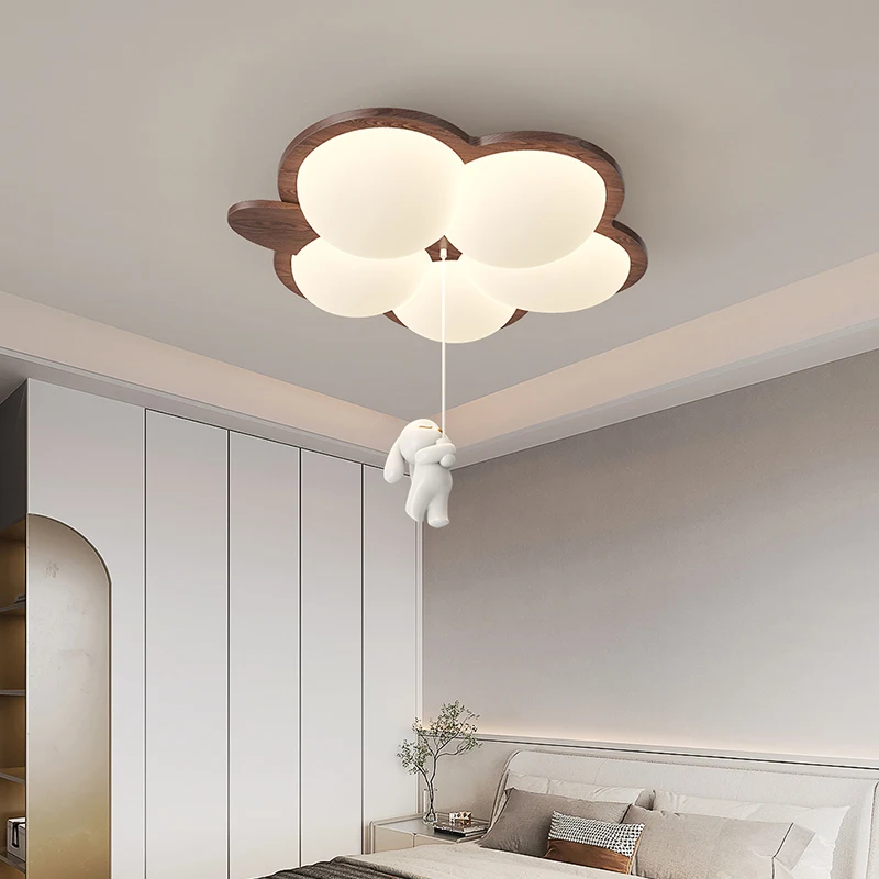 Cream Style Bedroom Ceiling Light Children\'s Room Light Retro Walnut Wood Color Creative Cartoon Rabbit Warm Eye Protection Lamp