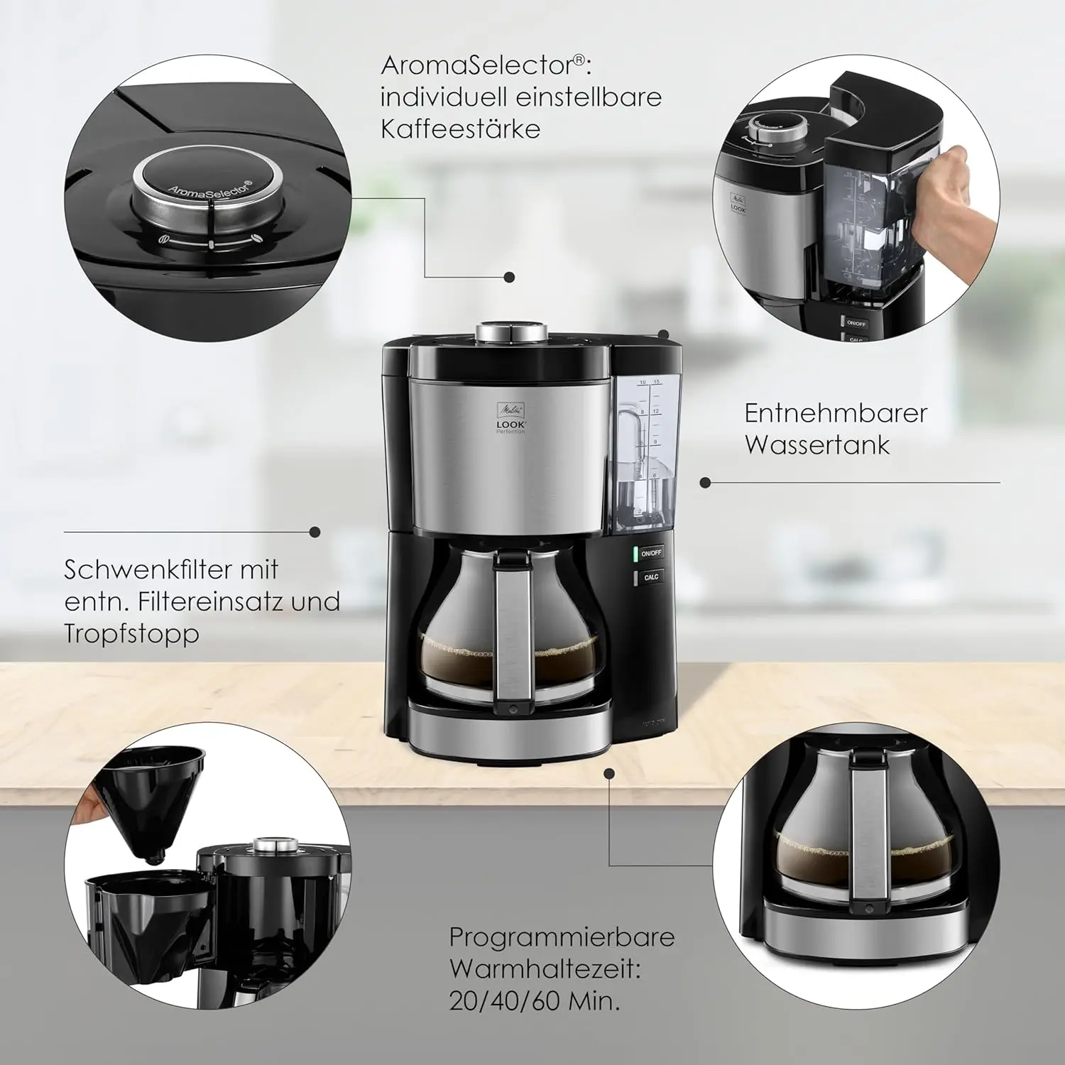 Melitta Look Perfection - Kaffeemaschine mit abnehmbarem Wassertank، Filterkaffeemaschine mit Glaskanne und Tropfstopp، fazer bis