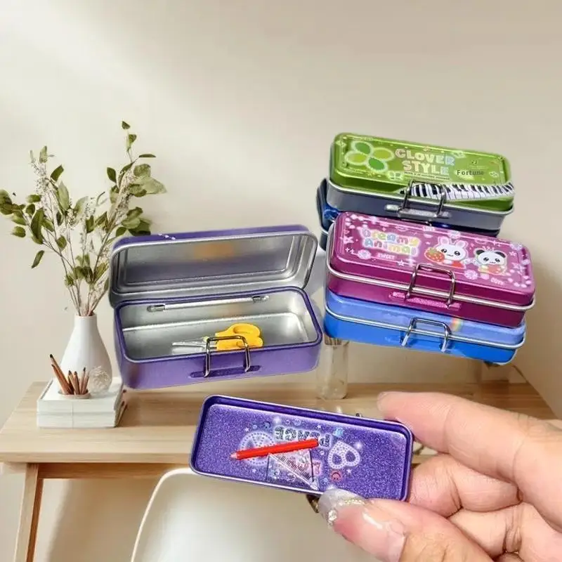 Iron Pencil Box Pretend Play Set Model for Dollhouse, Double Layer with Pen, Ruler, Scissors, Tape, Micro Landscape Decor.