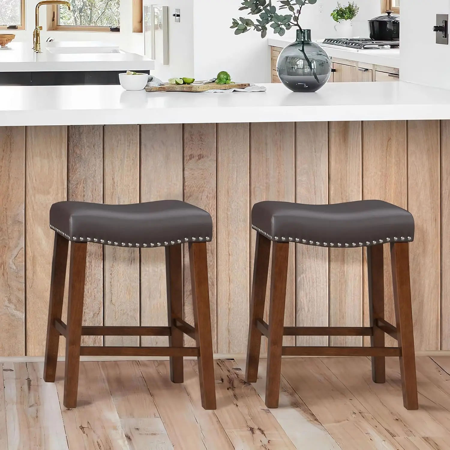 24' Backless Bar Stools Set of 2 - Modern Brown Faux Leather Counter Height Stools