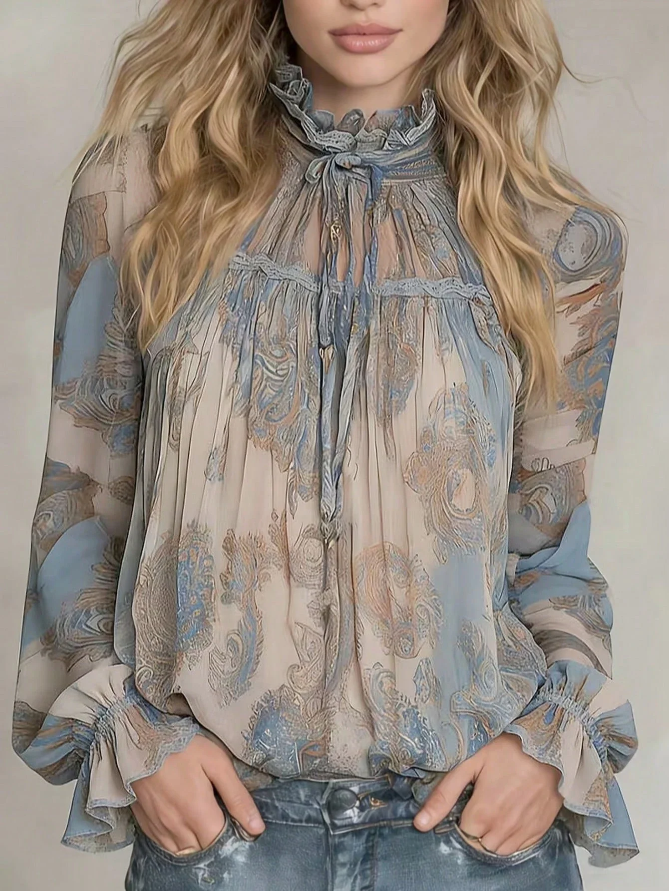

Floral Print Ruffled High Neck Chiffon Long Sleeve Blouse For Women Spring
