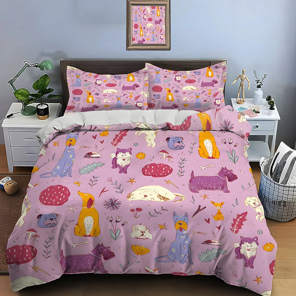 Cartoon dogs and plants colorful background Bedding Set for Kids Luxury Gift 3pcs Digital Print Comforter Set Soft Comfortable