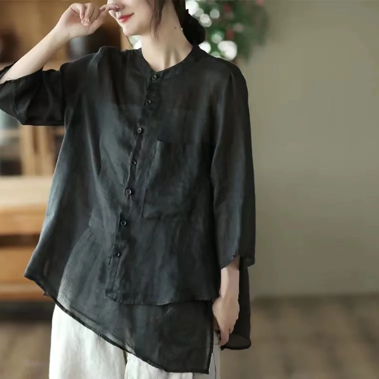 여름 신상 여성 패션 단색 셔츠 고급 린넨 00% 소재 봄 신상품 기타 브랜드