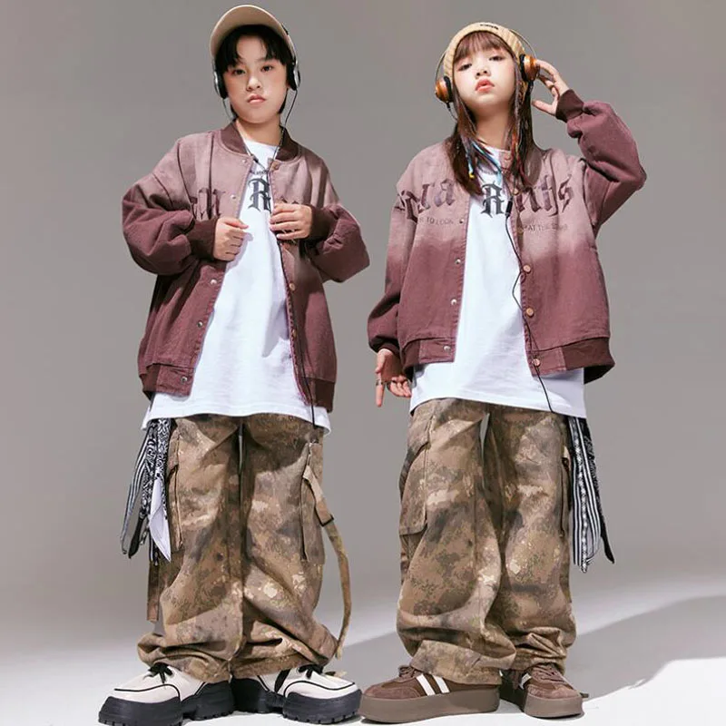 Kids Hip Hop Streetwear Clothing Gradient Jacket Coat Camouflage Casual Wide Cargo Pants for Girl Boy Jazz Dance Costume Clothes