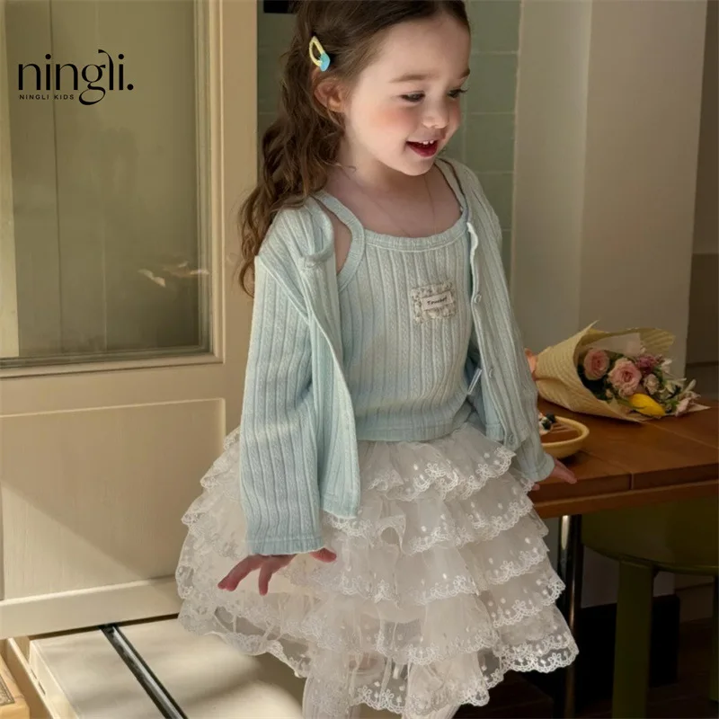 

Girls Skirt Three Piece Set 2025 Spring New Korean Solid Color Halter Tops Cardigan Sweet Lace Cake Yarn Skirt Set