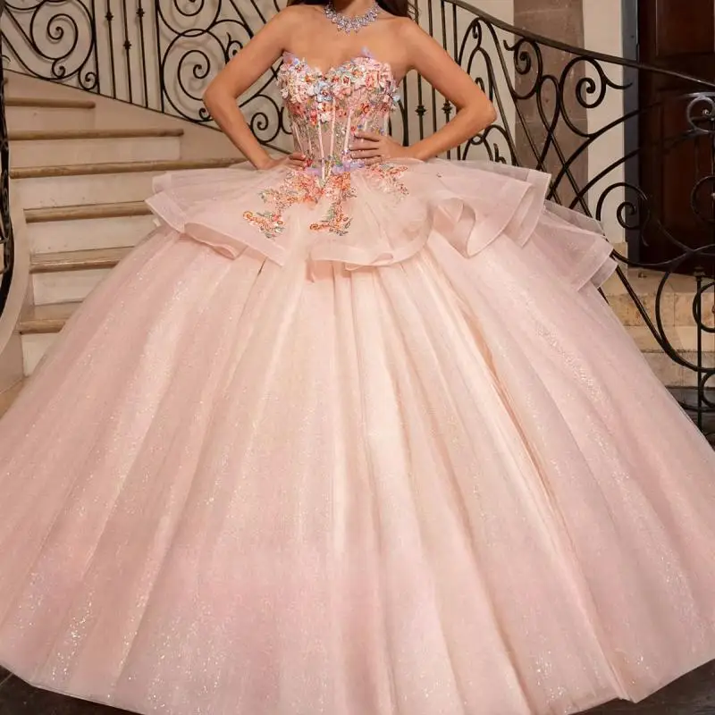 Fashion Light Pink Princess Ball Gown Quinceañera Dresses 3D Flowers Sequin  Glitter  Prom Party For 15th Girls Customized