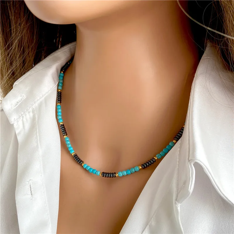 Natural Synthetic Turquoises 4mm Bead Necklace Hematite Reiki Healing Necklaces Gold Color Small Spacer Bead Necklace Men Women