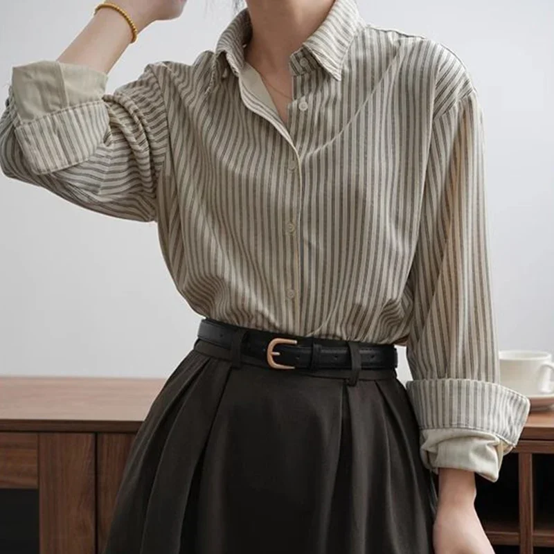 Retro Hong Kong Style Casual Comfortable Long Sleeved Striped Shirt Autumn New Fashion Elegant Loose Popular Versatile Lady Top