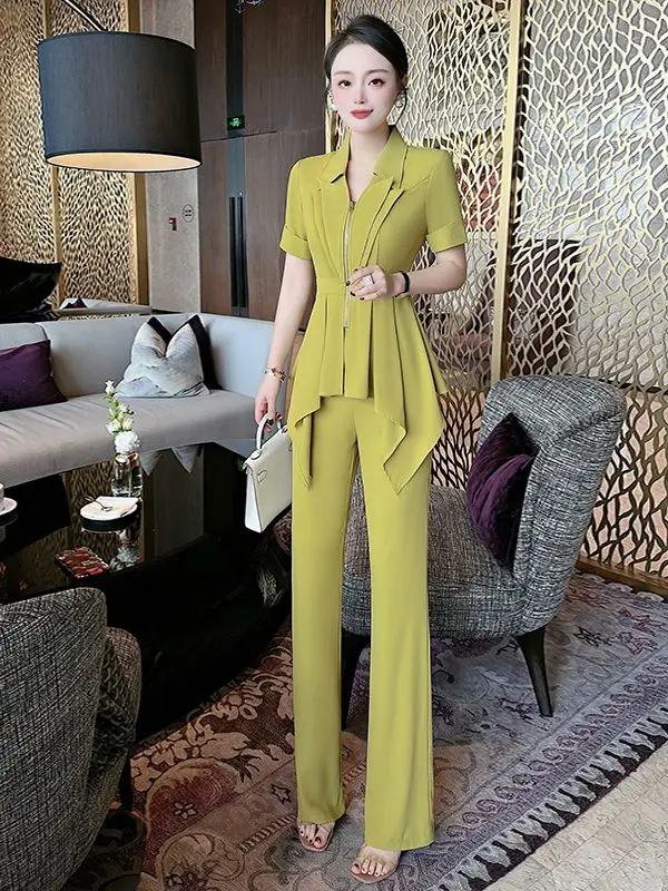 New Korean Style Women\'s Zipper Blouse Tops + Trousers 2024 Summer Fashion 2 Pieces Clothes Turn Down Collar Suits Short Sleeved