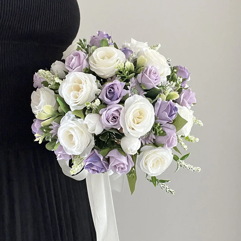 Wedding Bouquet Bride Accessories Bridesmaid Silk Flowers Artificial Roses White Purple Groom Buttonhole Table Centrepiece Decor