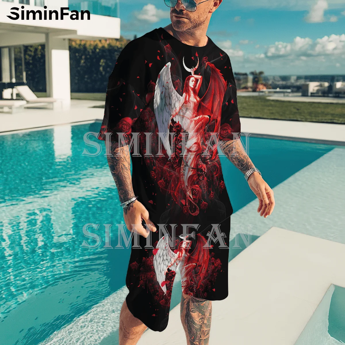 Angel Devil Skull Tattoo 3D Printed Men T-Shirt Sets Summer Male Suit Tracksuit Two-Piece Sportswear Casual Beach Short Tee Top