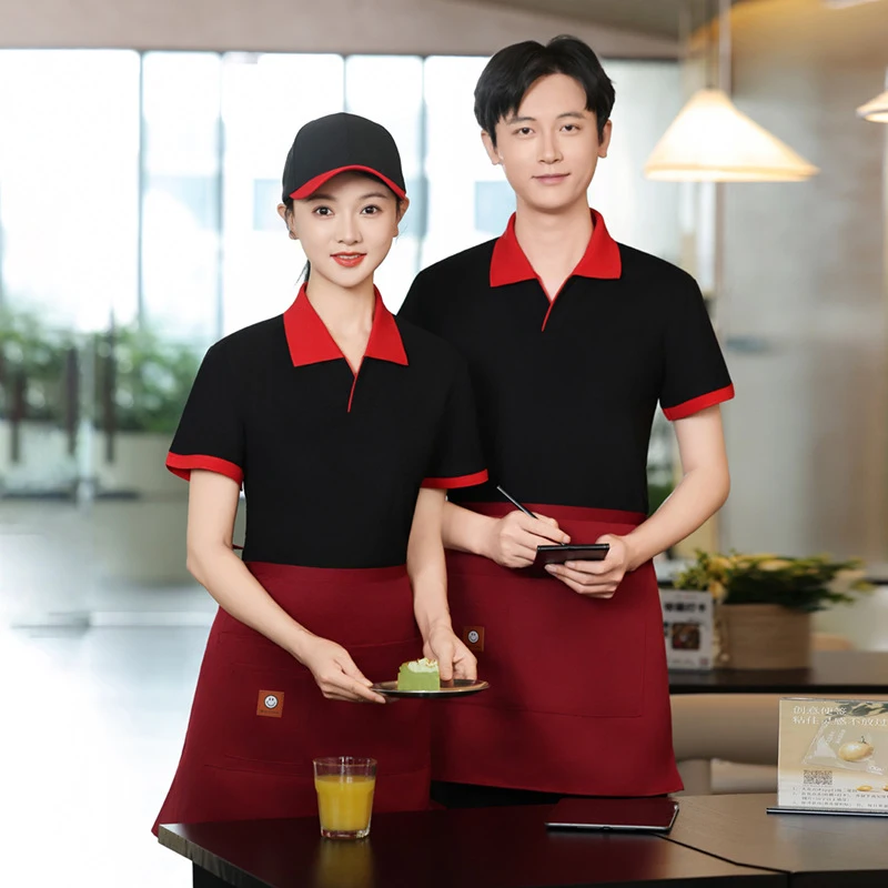 2602ウェイター作業服半袖プリントロゴレストランやケータリング店向けの作業服鍋料理やバーベキューサラリ向けのtシャツ