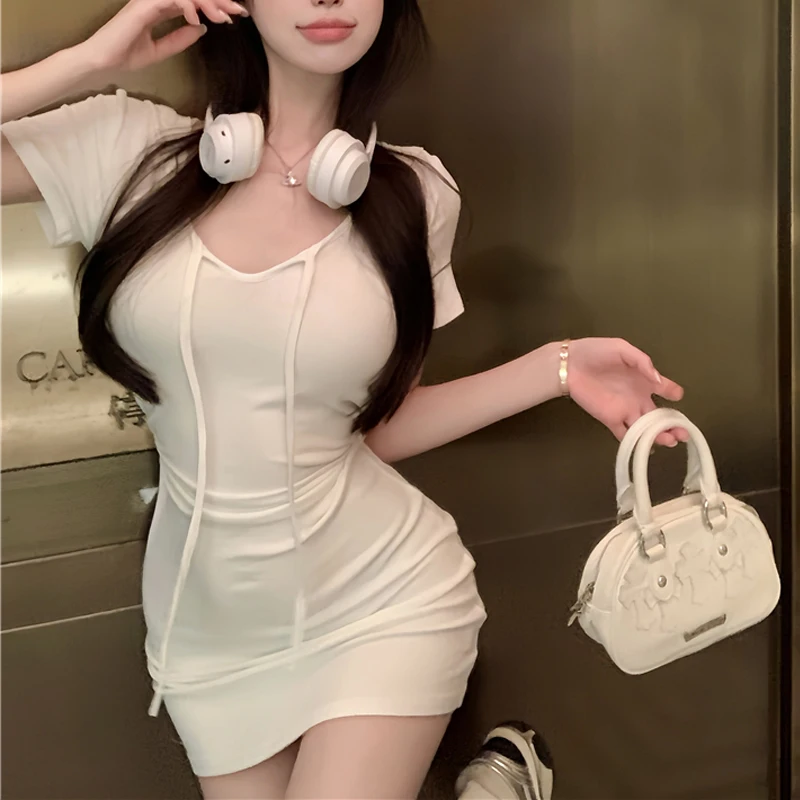 

2024 Summer Women Trendy Sexy Hollow Lace Up Bodycon Club Hooded Mini Dress Y2K Casual Ruched Solid V Neck Short Sleeve Dresses