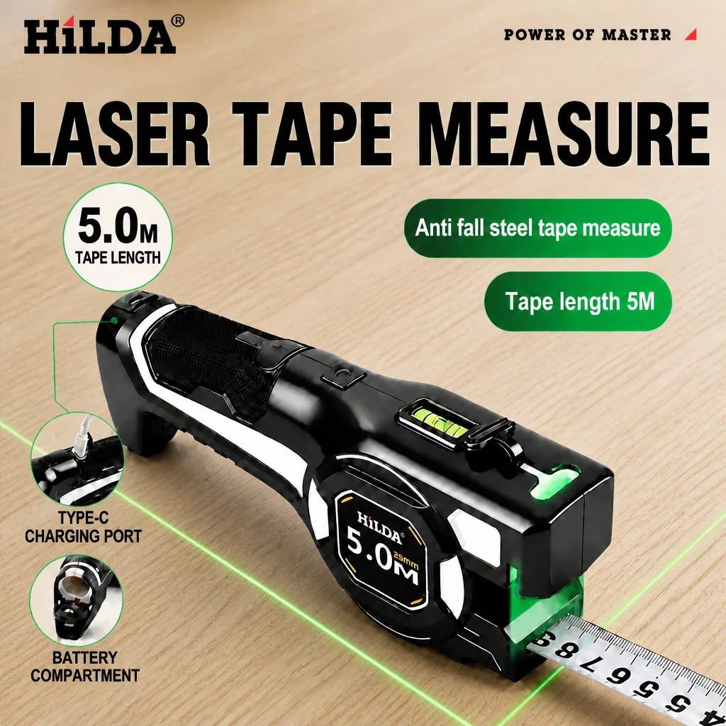 HILDA Laser Tape Measure 5M Handheld Digital Laser Distance Meter USB Rechargeable Laser Rangefinder Measuring Tool for Home DIY