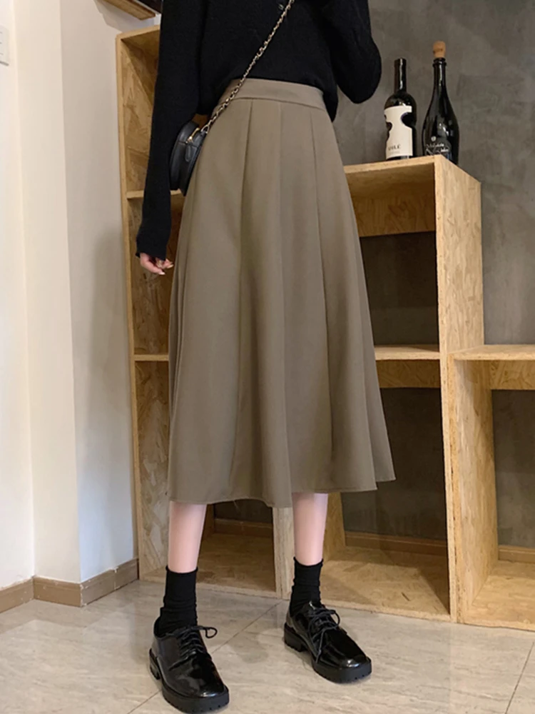 High Waist Bla A-Line  Skirt Women's Korean Sle Autumn Winter New Small Size Slimming Ele Midi Umbrella Skirt
