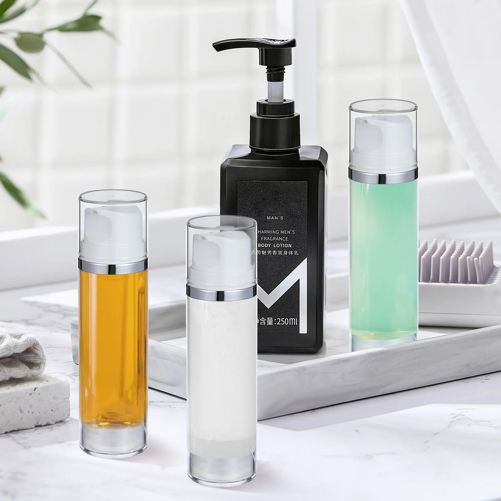 

2 Pcs Cream Press The Empty Lotion Bottle Refillable Travel Containers Airless Pump Toiletries Bottles Transparent