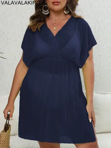 2025 sólido feminino plus size cove up manga curta grande solto túnica senhora gordinho vestido de praia malha maiô brasileiro cover-up