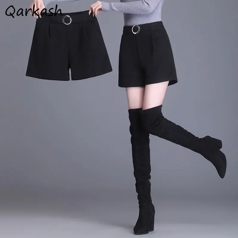 

S-4XL Woolen Shorts Women Wide Leg Vintage Pure Gentle Leisure Office Lady High Waist Minimalist Designed Winter All-match Daily