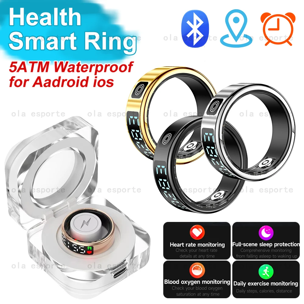 

Fashion Display Screen Smart Ring With Charging Case Blood Oxygen Heart Rate Sleep Monitoring Waterproof Fitness Rings Men Women