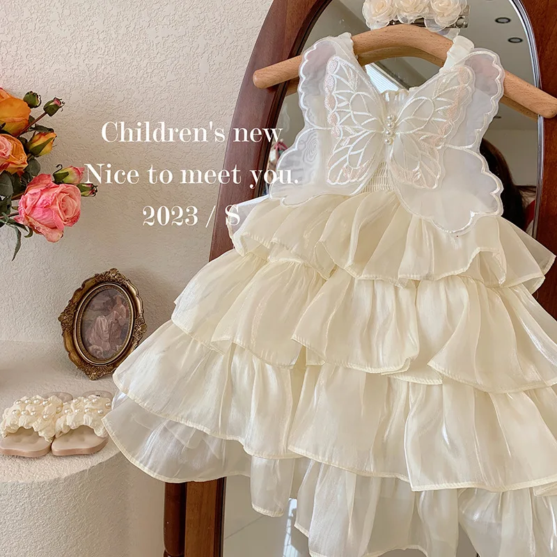 New Summer Baby Girls' Party Dress Sleeveless Princess Dress Butterfly Bow Knot Cake Dresses Solid Color Kids Clothes E2336