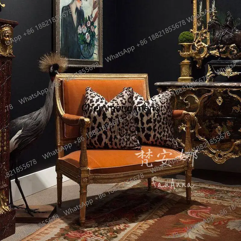

American medieval solid wood French light luxury orange fabric carved sofa reception photography