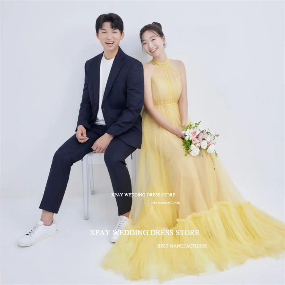 XPAY Elegant Halter Yellow Korea Evening Dresses Sleeveless Wedding Customised Princess Ruched Fairy Tulle Prom Party Gowns