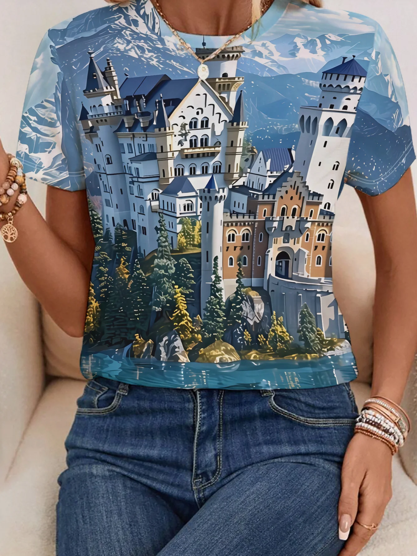 Women Crew Neck Short Sleeve T‑Shirt, Fantasy Castle Mountain Forest Landscape Art Graphic Casual Tee