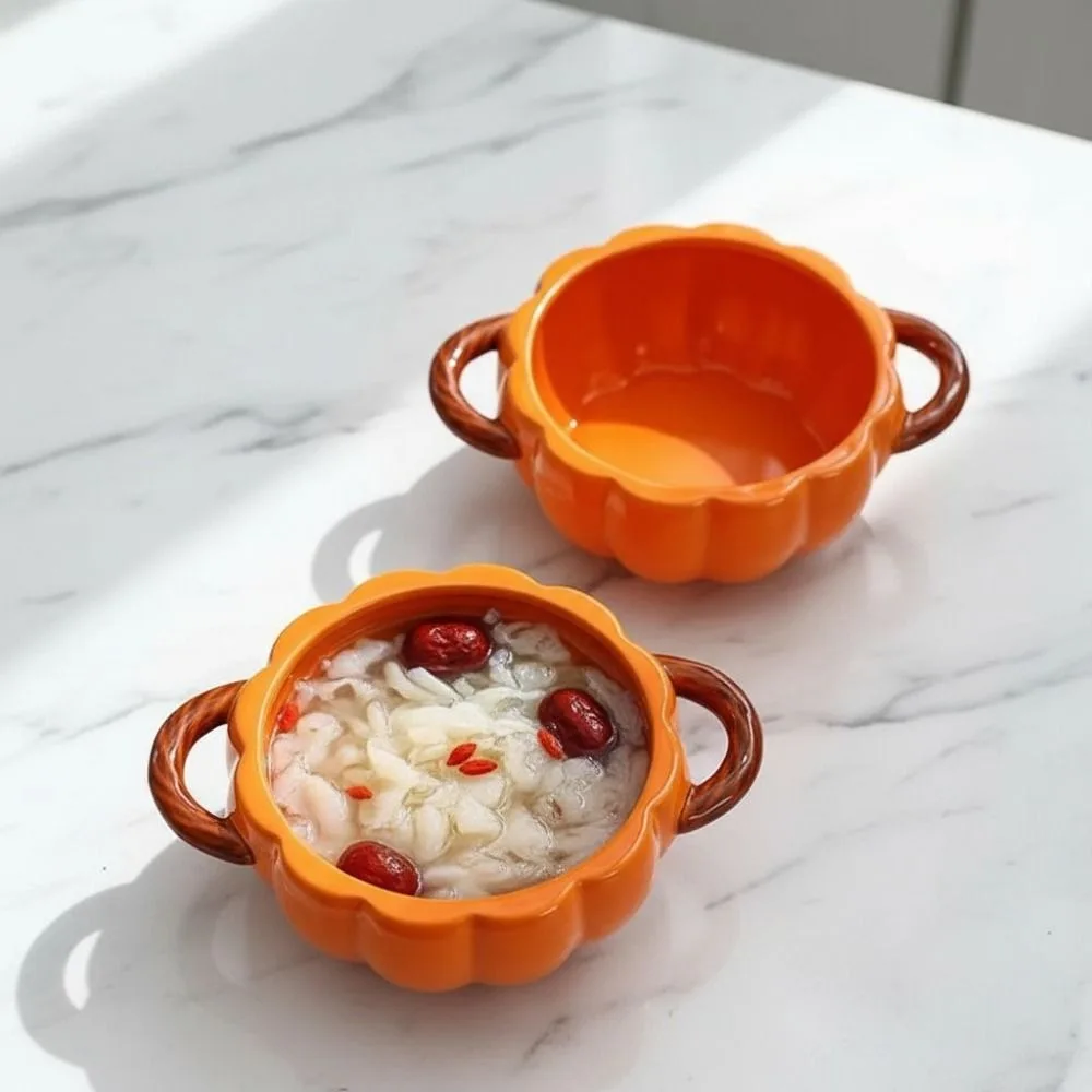 Ceramic Halloween Pumpkin Bowl with Lid Double Ear Handle Pumpkin Casserole Non-slip Bottom Glazed Surface Dessert Bowl