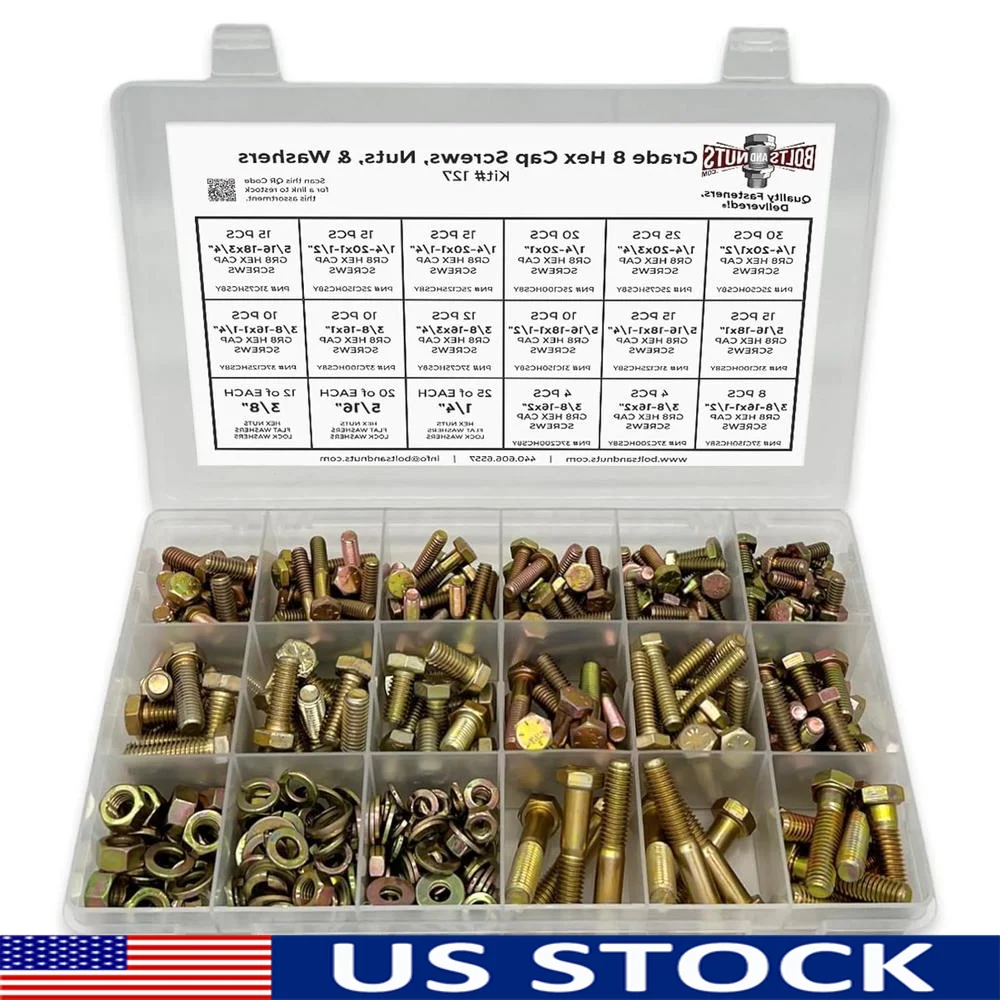 

Grade 8 Hex Cap Bolts Nuts Washers Assortment Kit 380 Pieces Zinc Yellow Fasteners Heavy Duty Tool Supply