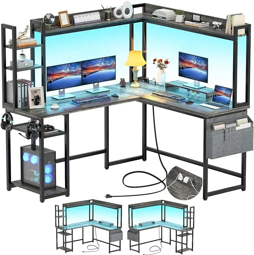 Aheaplus L Shaped Desk with Power Outlet, L Shaped Gaming Desk with Led Light & Hutch