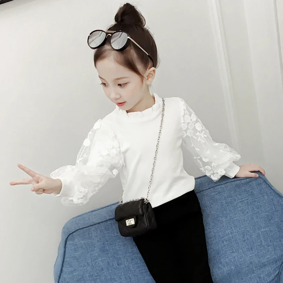 Lace Flower Girl White Blouse School Shirt Floral Childrens Blouse Spring Autumn Korean Clothes Camisas Bordadas Blusa Infantil