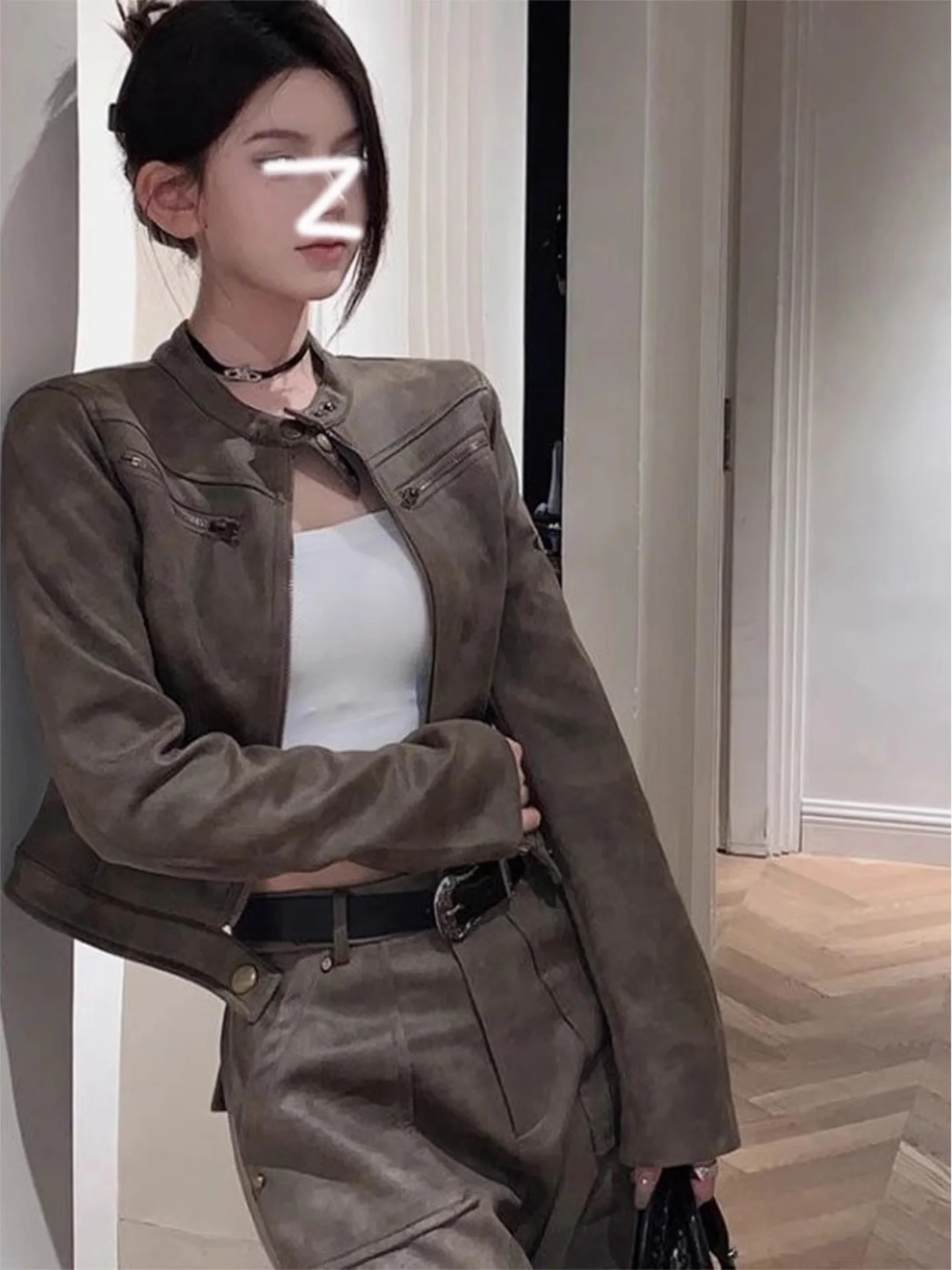 Retro bruin suède leren jas dames slim fit korte motorjas herfst High Sensation Spicy Girl Faion bovenkleding