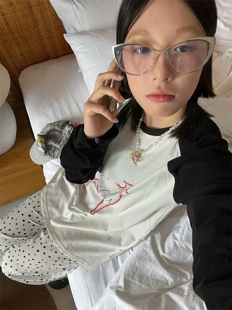 LOTDOOTN Y2K Cotton Tops Harajuku Printed T-shirts E-girl Women Oversized Tee Shirt Japanese Style Funny Long Sleeve O-neck Tops